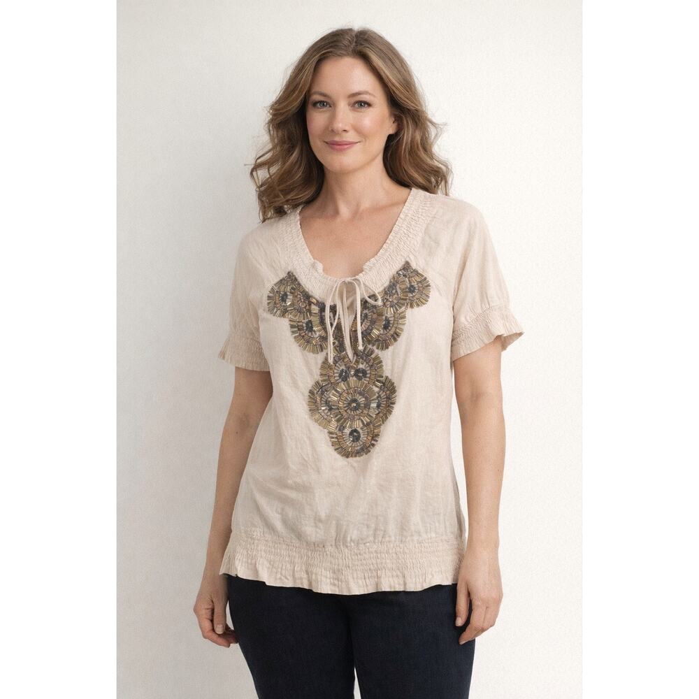 Boston Proper Sequin Blouse‎ Boho Y2K Smocked Short Sleeve Cotton Womens Size 4